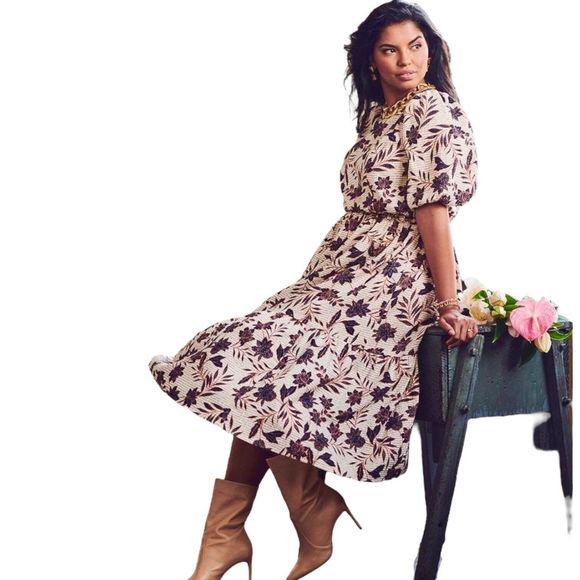 ELOQUII Floral Puff Sleeve‎ Tiered Cotton Midi Dress Cream Navy Blue Women's 16 - Picture 11 of 11